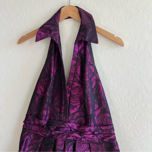 Theia Dress Pink Purple Halter Flare Skirt Floral Shiny Designer Party - Picture 4 of 12